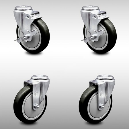 Service Caster 5 Inch SS Black Polyurethane Wheel Swivel Bolt Hole Caster Set with 2 Brake SCC SCC-SSBH20S514-PPUB-BLK-TLB-2-S-2
